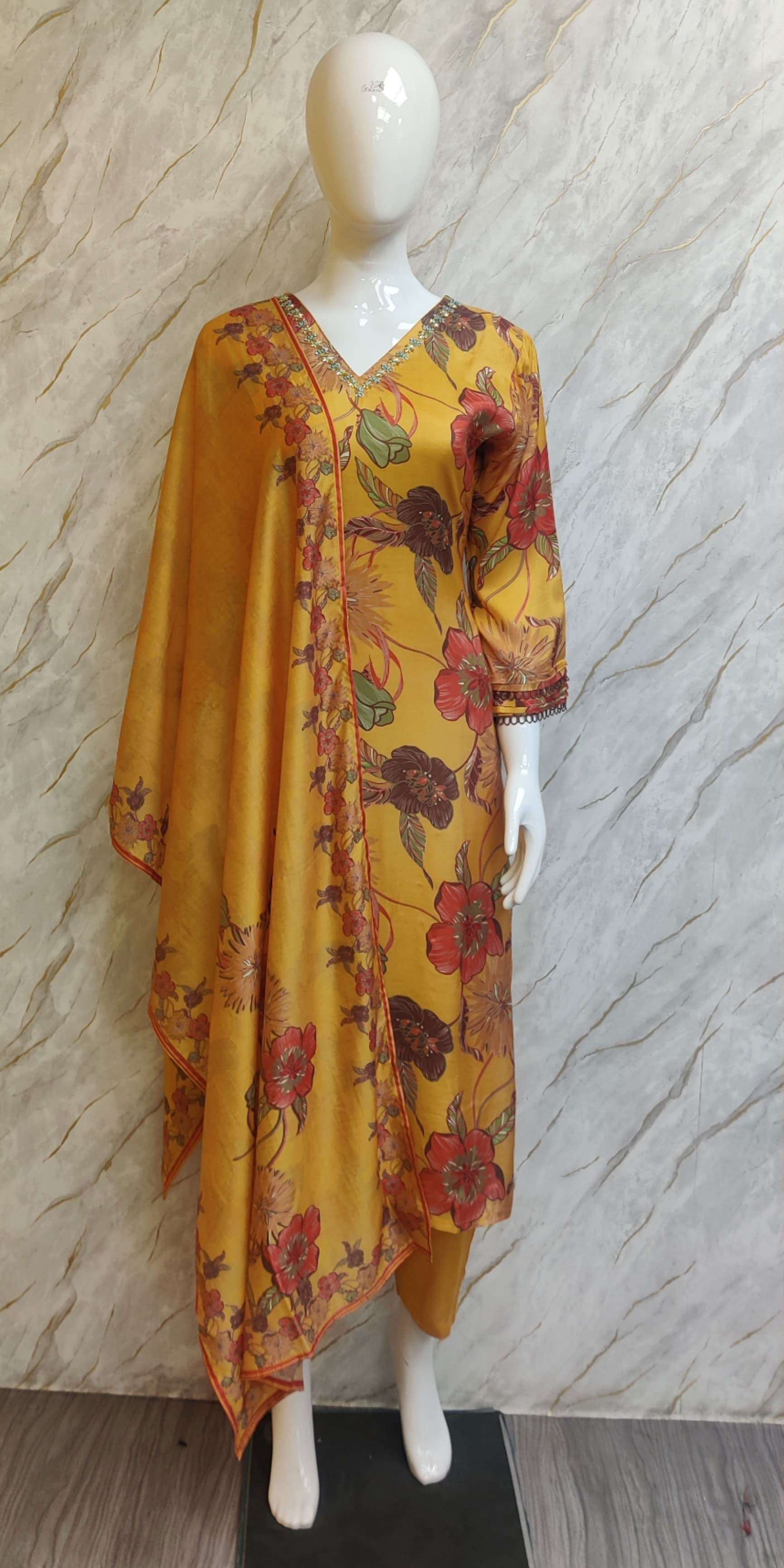 BEMITEX INDIA PRESENT PURE MUSLIN WITH DIGITAL PRINT & PURE HANDWORK FLOWER PRINT V NECK READYMADE 3 PIECE SUIT WHOLESALE SHOP IN SURAT